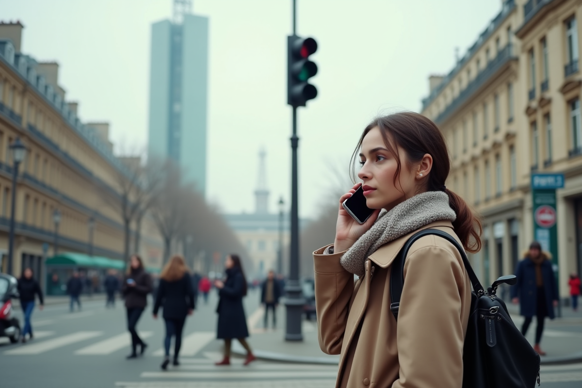 Jeune femme parisienne parlant au smartphone dans la rue