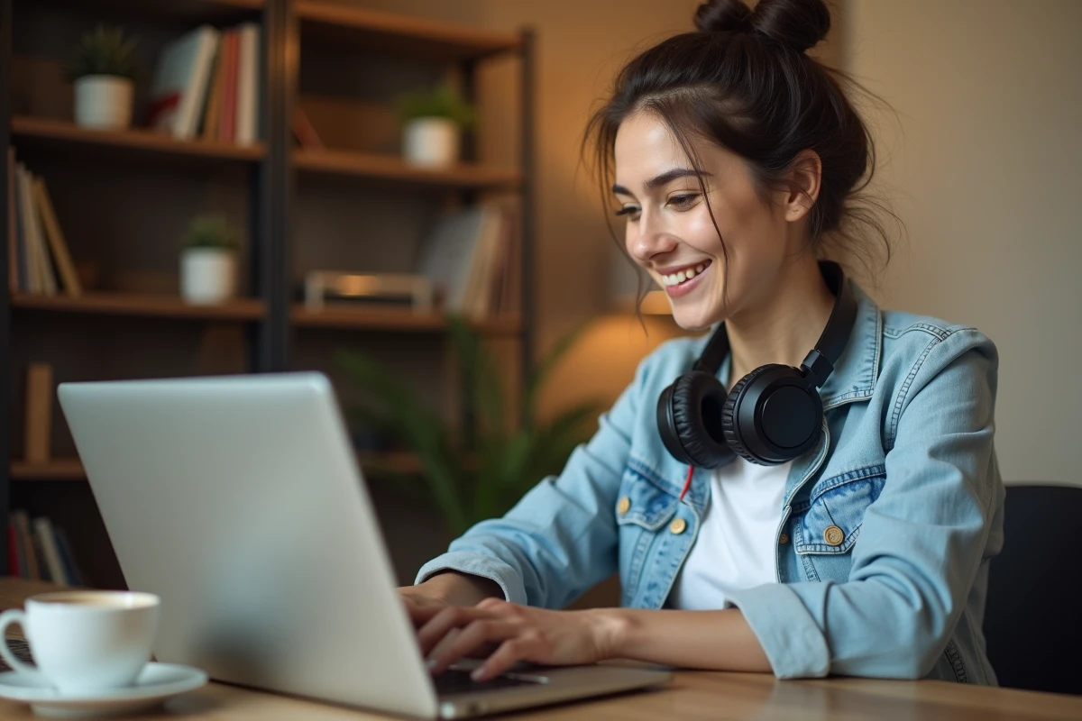 Femme préparant une playlist MP3 depuis YouTube sur son ordinateur portable à son bureau