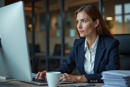 Femme en blazer navy travaillant à son bureau moderne