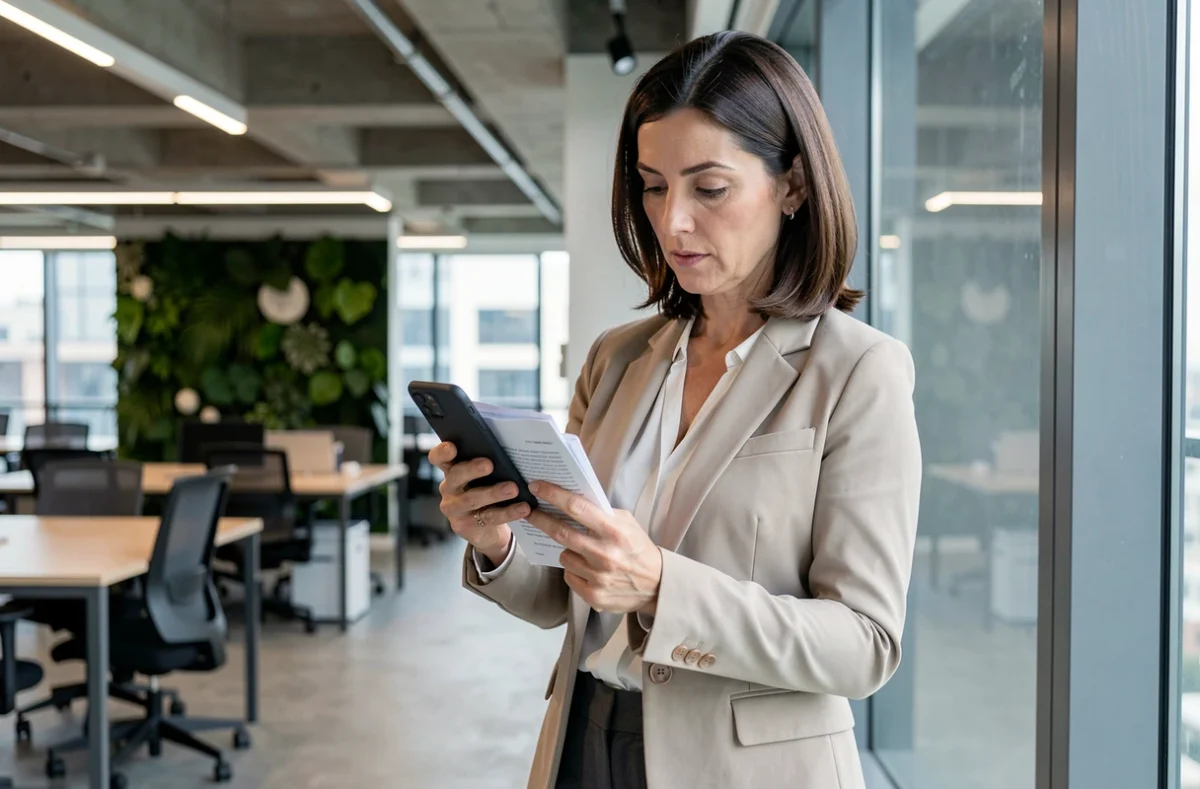 Femme professionnelle lisant un PDF sur Android dans un espace de coworking moderne