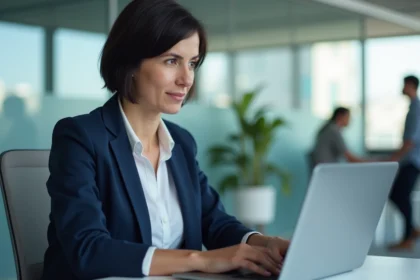 Femme professionnelle utilisant Tchap pour la communication interne sur son ordinateur portable dans un bureau moderne