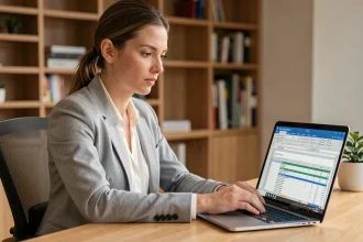 Femme professionnelle utilisant Word et Excel pour un publipostage dans un bureau moderne