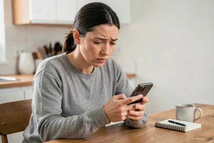 Femme consultant son iPhone à une table de cuisine pour récupérer des photos supprimées définitivement