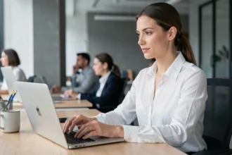 Femme professionnelle rédigeant un email avec les champs Cc et destinataire principal sur un ordinateur portable en open space