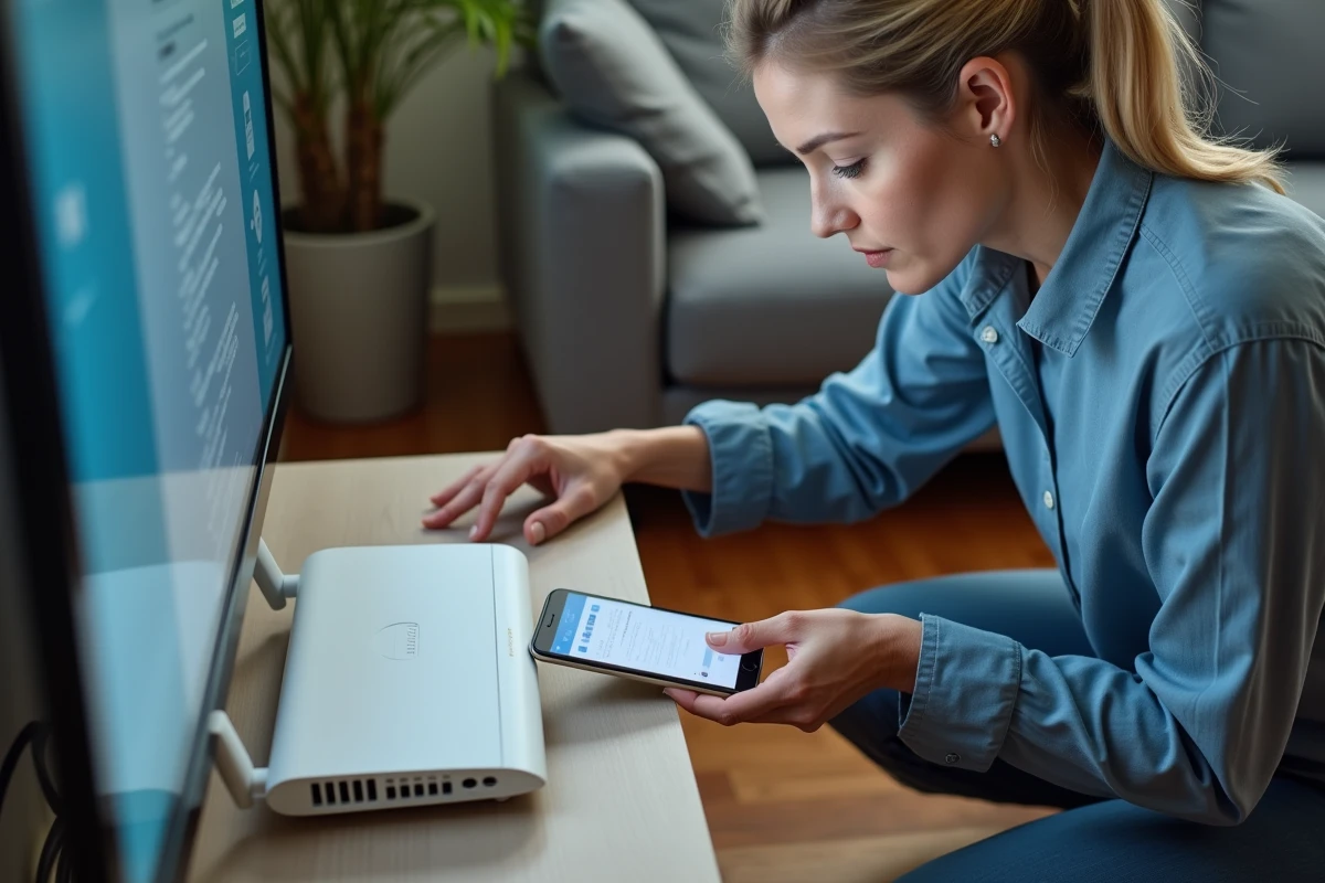 Femme réinitialisant un routeur Wi-Fi domestique tout en consultant les paramètres réseau IP sur son smartphone