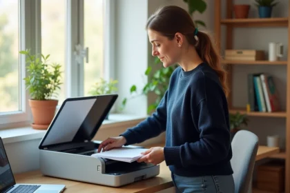 Femme en bureau maison utilisant un scanner et ordinateur