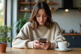 Femme en cuisine utilisant son smartphone pour programmer un message WhatsApp