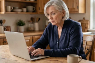 Une femme senior découvrant un guide numérique sur son ordinateur portable dans une cuisine chaleureuse