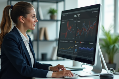 Femme d affaires analysant des données SEO dans un bureau moderne