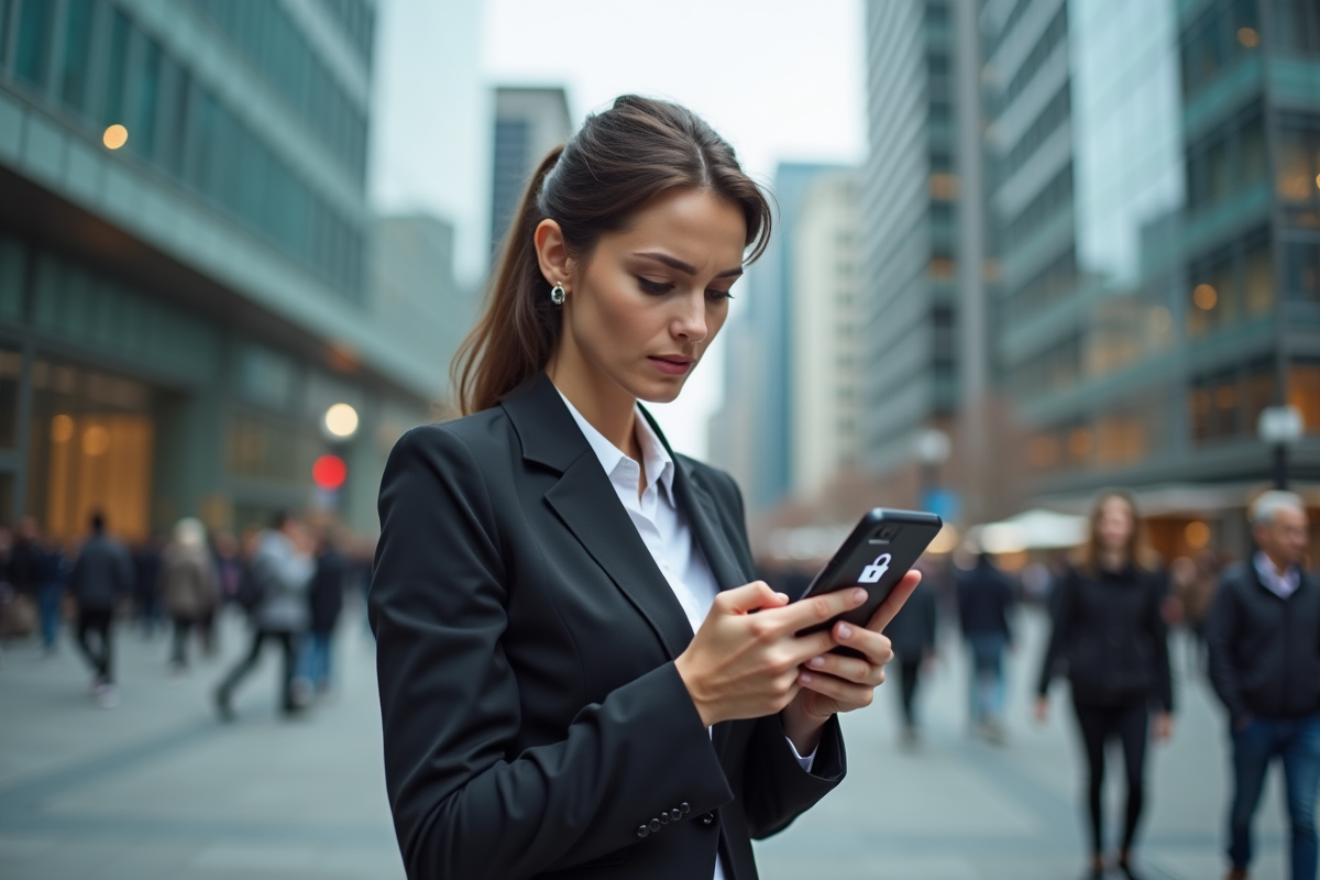 Jeune femme dans une ville avec icone de nuage et verrou sur son smartphone