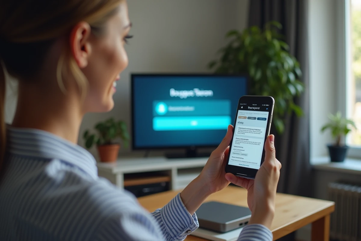 Femme cherchant une solution sur son téléphone pour résoudre le code erreur F3411 de sa Bbox Miami Bouygues