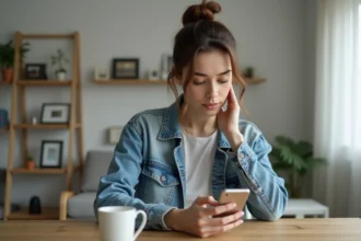 Jeune femme réfléchissant à supprimer un message sur son smartphone