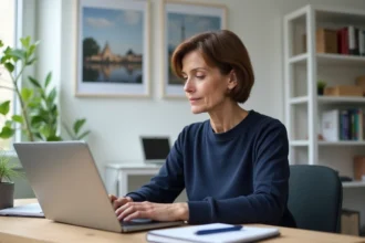 Femme concentrée travaillant à son bureau à domicile à Dijon