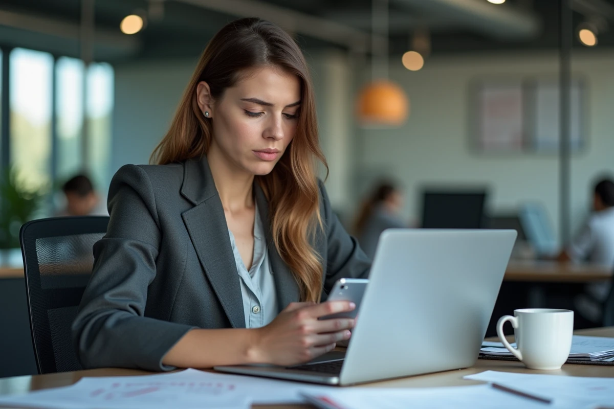 Femme au bureau regardant son smartphone avec notification Gmail