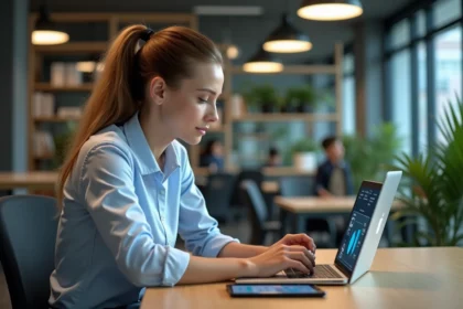 Jeune femme professionnelle concentrée sur son ordinateur au bureau