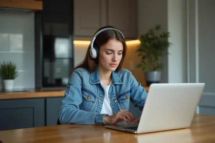 Jeune femme en denim et casque travaillant à la maison