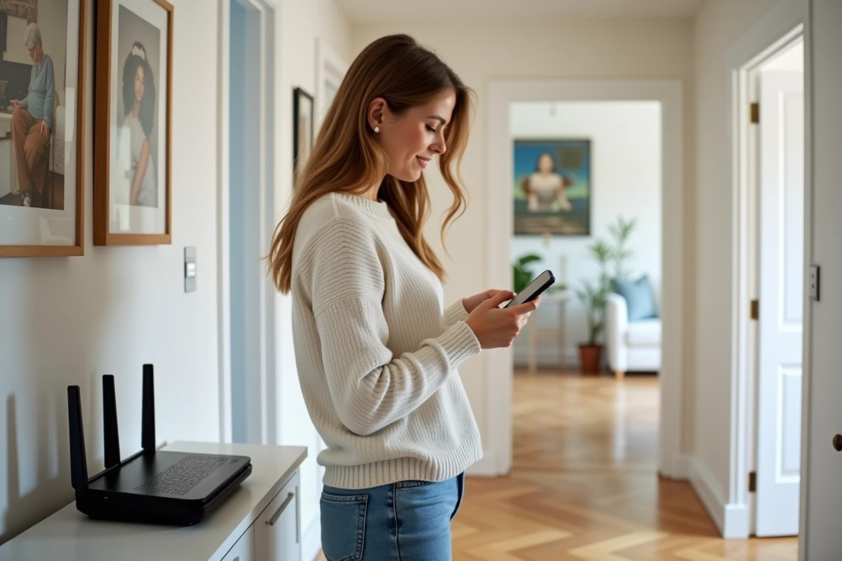Jeune femme vérifie un routeur dans un couloir lumineux