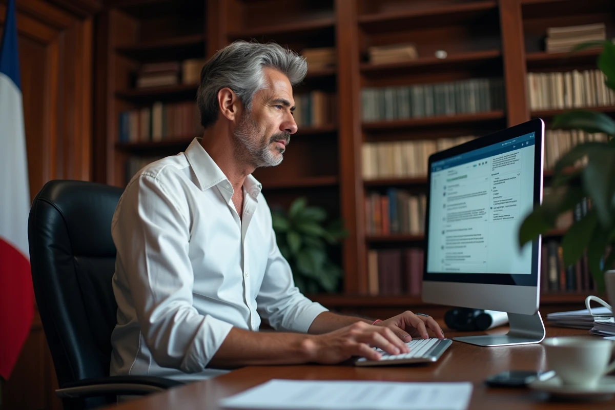 Fonctionnaire utilisant Tchap sur un ordinateur de bureau dans un bureau administratif officiel français
