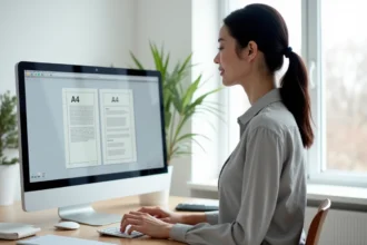 Femme travaillant sur un logiciel de mise en page affichant le format A4 en portrait et paysage sur un écran d'ordinateur
