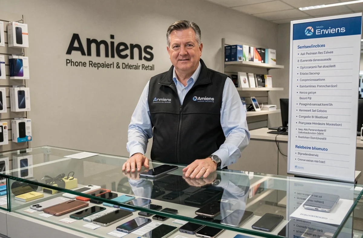 Technicien de la Générale de Téléphonie Amiens présentant des smartphones reconditionnés dans sa boutique