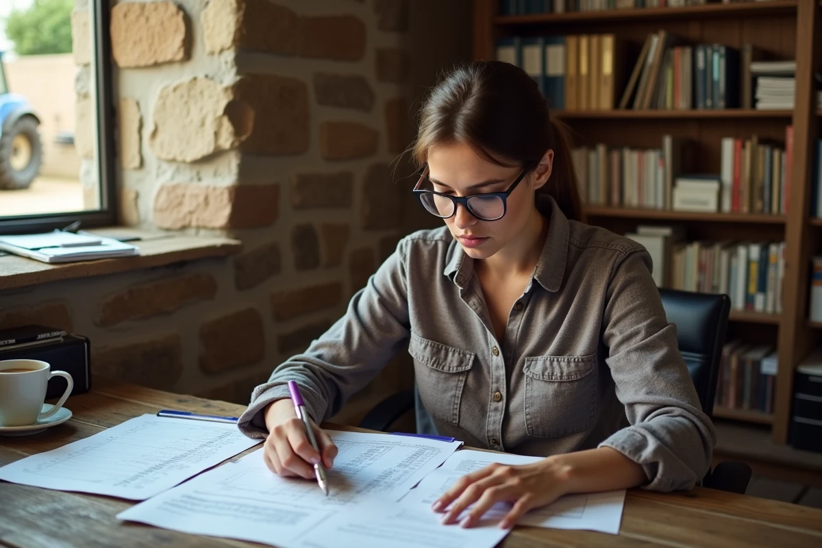 Gestionnaire agricole étudiant des documents de calcul UTH dans un bureau de ferme rural