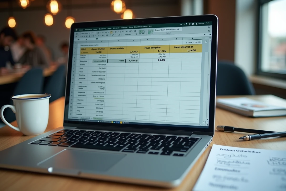 Gros plan d'un écran Excel affichant une formule de soustraction d'heures avec colonnes heure début et heure fin sur un bureau en bois dans un espace de coworking