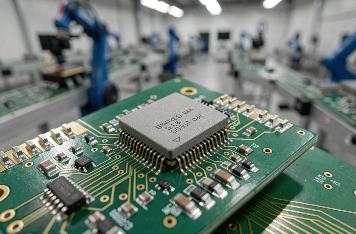 Gros plan macro d'un capteur MEMS accéléromètre monté sur circuit imprimé vert avec fils de liaison en or, illustrant la microfabrication industrielle de composants électroniques miniaturisés