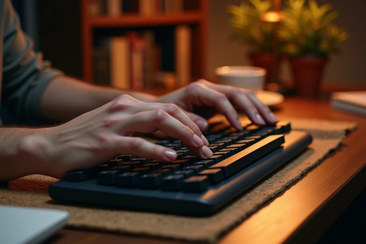 Gros plan des mains posées sur un clavier QZERTY ergonomique à inclinaison centrale sur un bureau en noyer avec tapis en liège