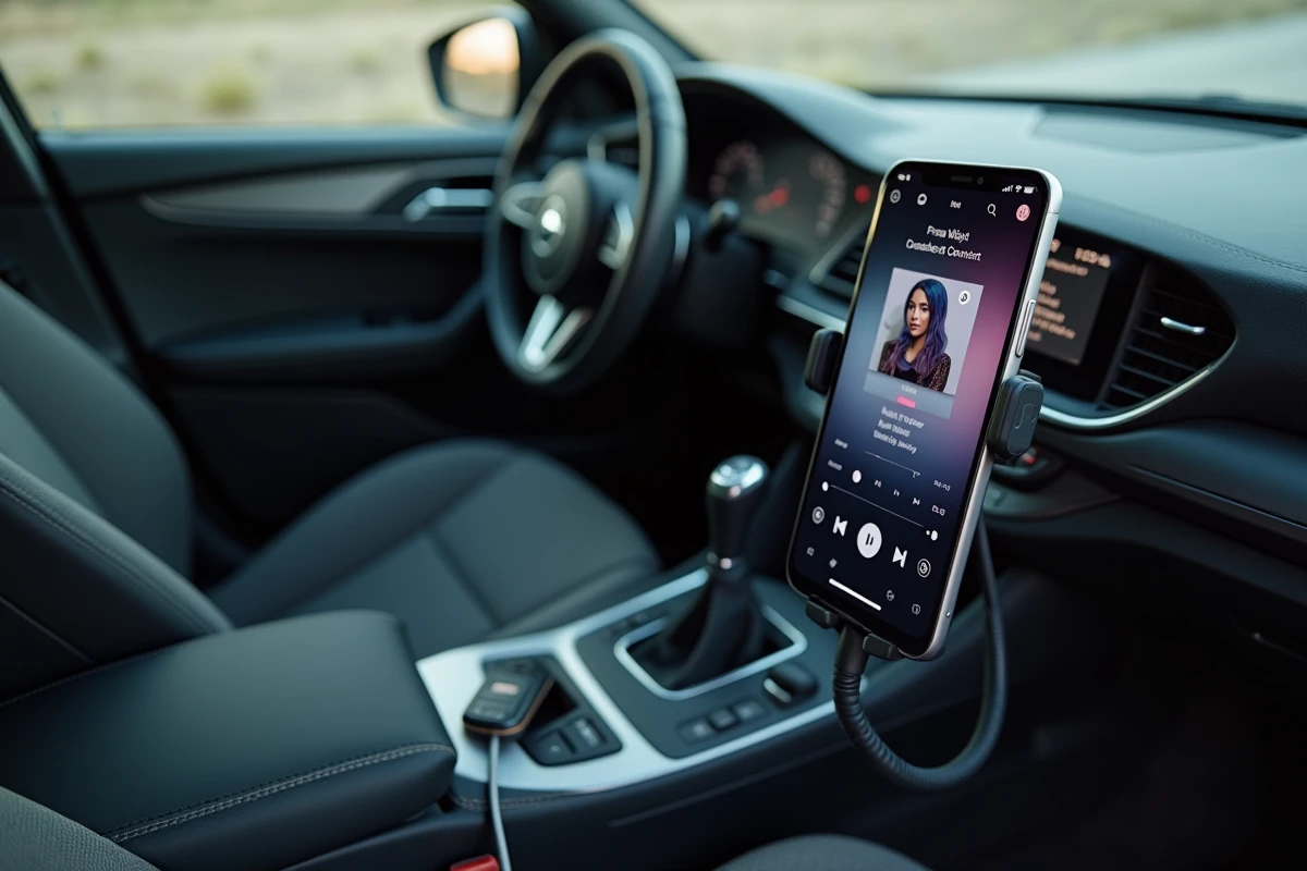 Gros plan sur un smartphone affichant une playlist MP3 monté dans une voiture prête pour la route
