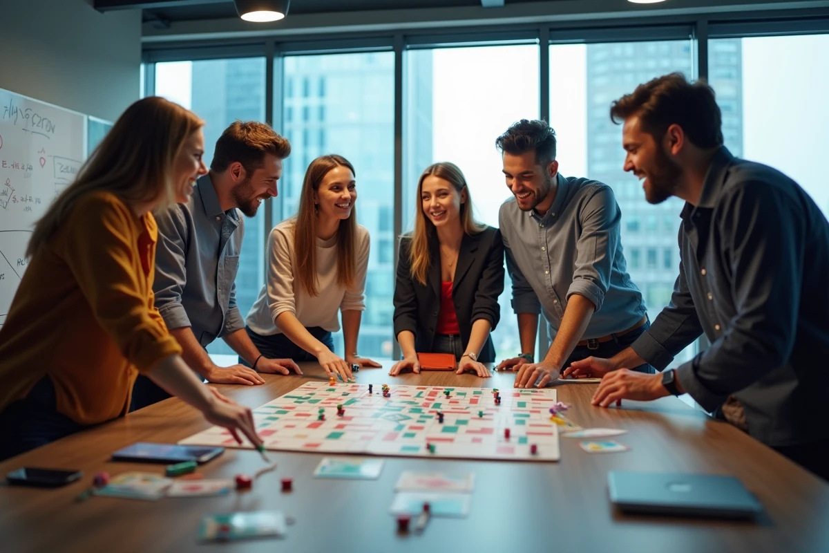 Groupe de jeunes jouant à un jeu de société avec des paperclips