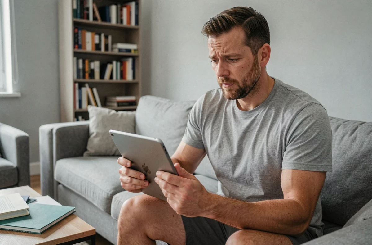 Un homme adulte consultant un guide numérique sur une tablette dans un salon moderne