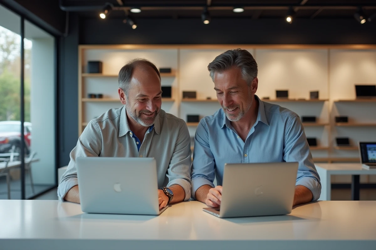 Homme comparant deux ordinateurs portables en magasin