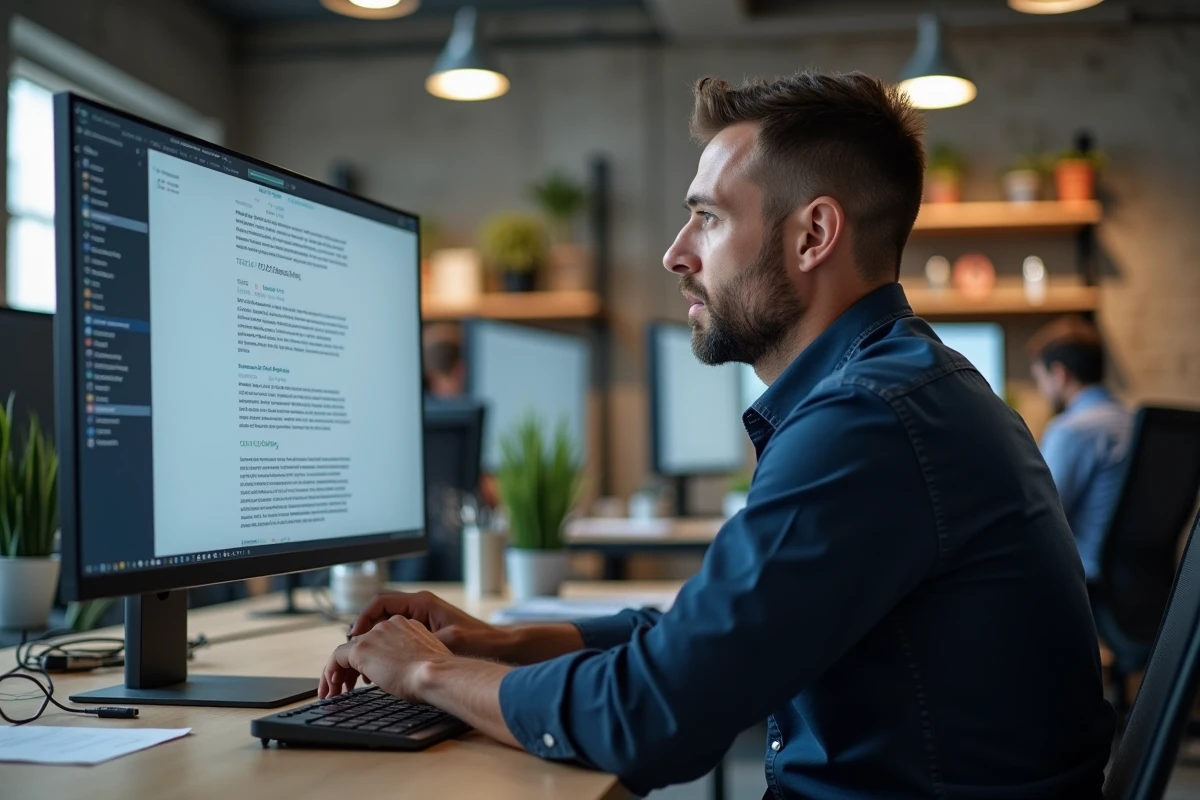 Homme professionnel analysant des statistiques de lisibilité et comptage de caractères sur un écran de bureau dans un espace coworking