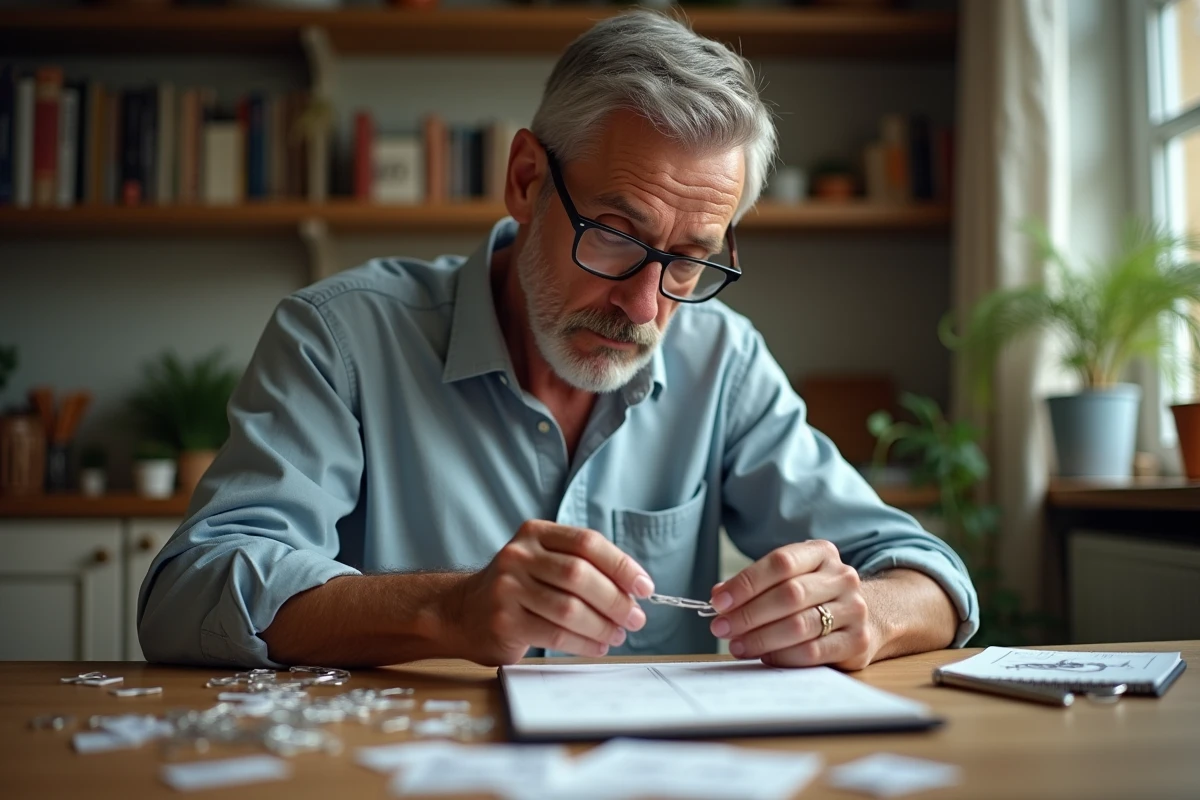 Homme d'âge moyen pliant un papierclip dans une cuisine chaleureuse