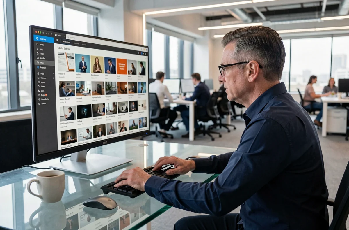 Homme professionnel gérant une bibliothèque de tutoriels vidéo personnels sur un écran d'ordinateur en open space