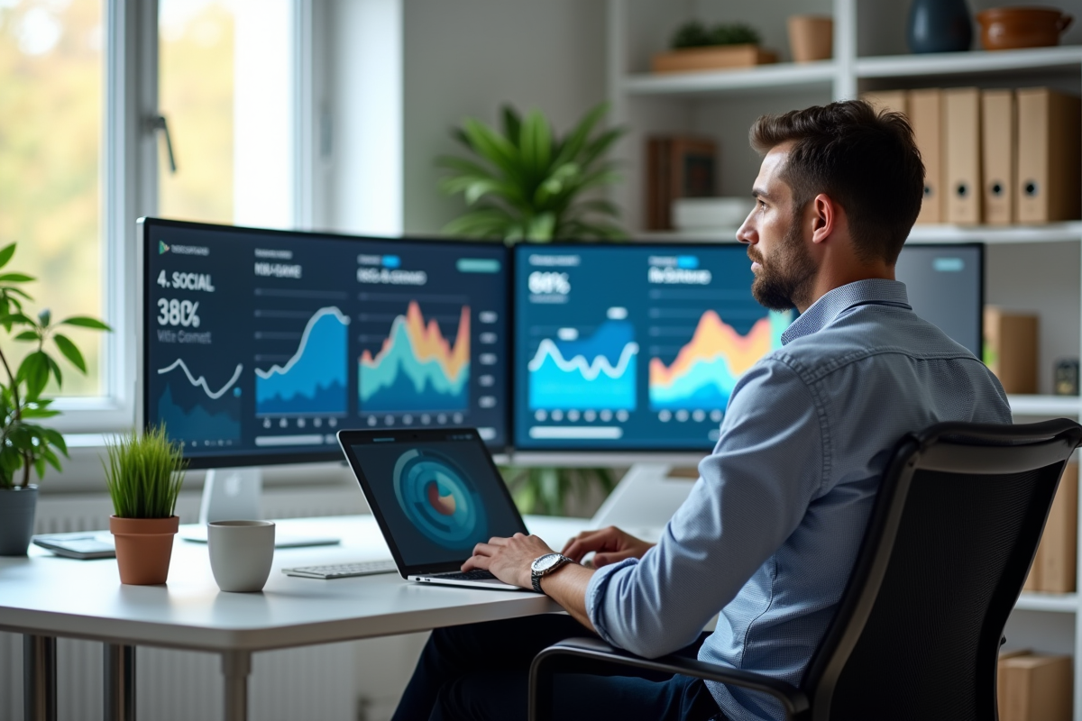 Homme en télétravail analysant des données numériques