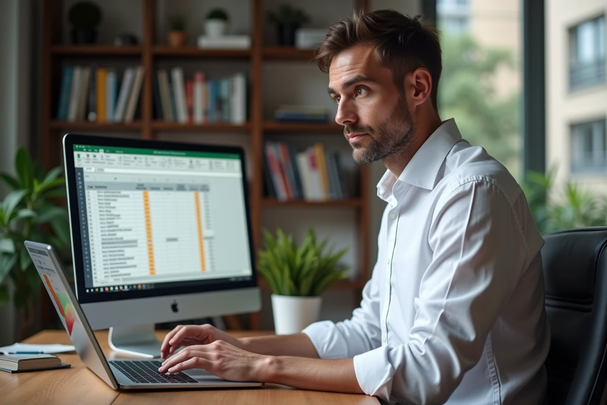 Homme travaillant sur un fichier Excel de gestion clients avec calcul d'âge et segmentation par tranches d'âge depuis un bureau à domicile
