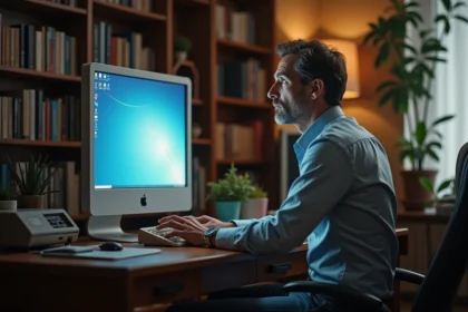 Homme d'âge moyen dans un bureau cosy avec Windows 7