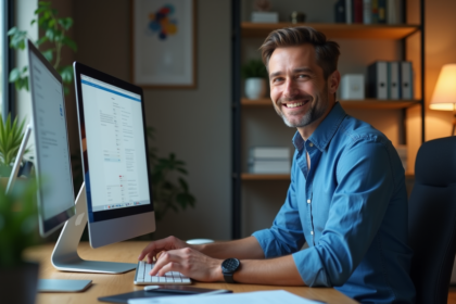Homme souriant au bureau en train de vérifier ses emails
