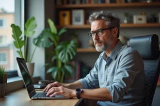 Homme d'affaires regardant son ordinateur dans un bureau moderne