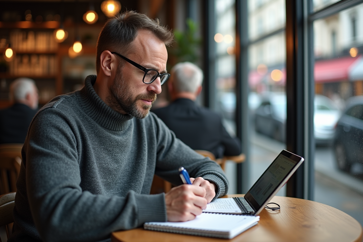 Homme écrivant dans un café avec tablette et carnet