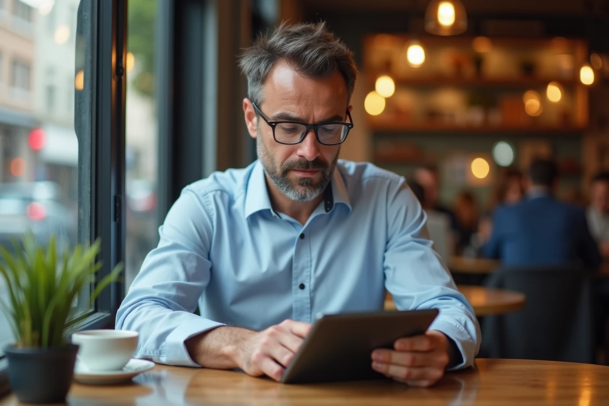 Homme au cafe utilisant sa tablette avec surprise et concentration