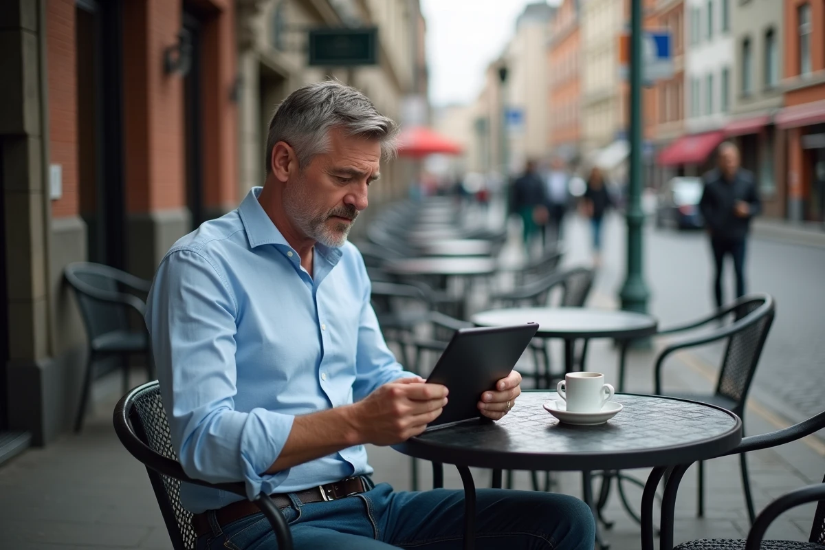 Homme frustré regardant des publicités en ligne en terrasse