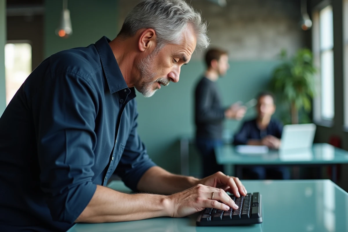 Homme d'affaires examinant un clavier QZERTY ergonomique compact sur un bureau standing dans un open space professionnel
