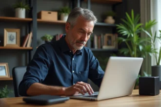 Homme en chemise bleue configure un routeur WiFi dans un bureau