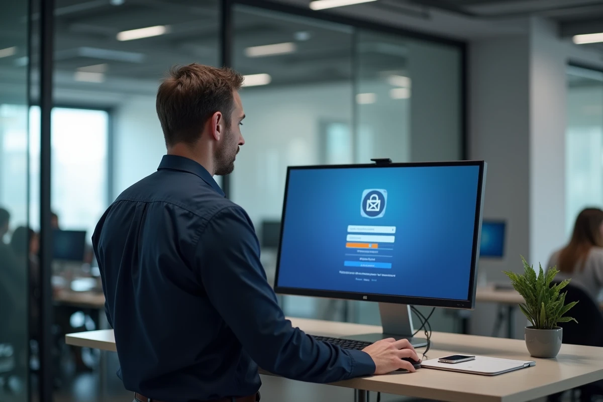 Homme professionnel accédant à son compte webmail Ozone depuis un bureau en open space