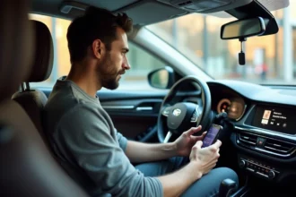 Homme connectant son smartphone au système audio de sa voiture pour écouter une playlist MP3