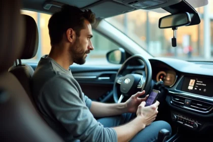 Homme connectant son smartphone au système audio de sa voiture pour écouter une playlist MP3