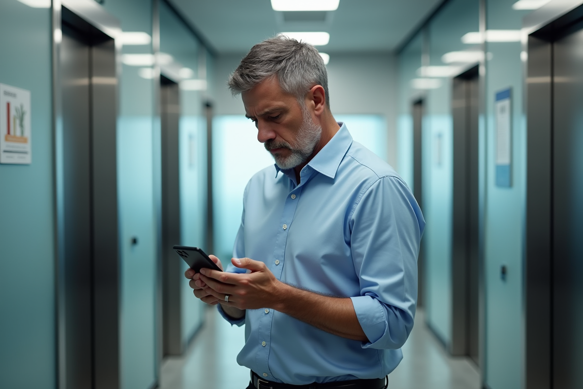 Homme d affaires vérifiant son smartphone dans un couloir d entreprise