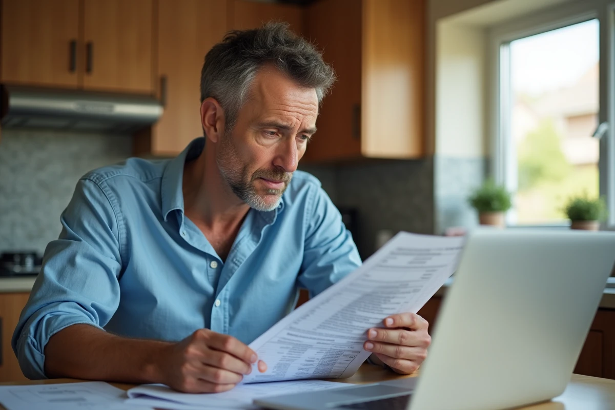 Homme en cuisine analysant un tableau Excel imprimé